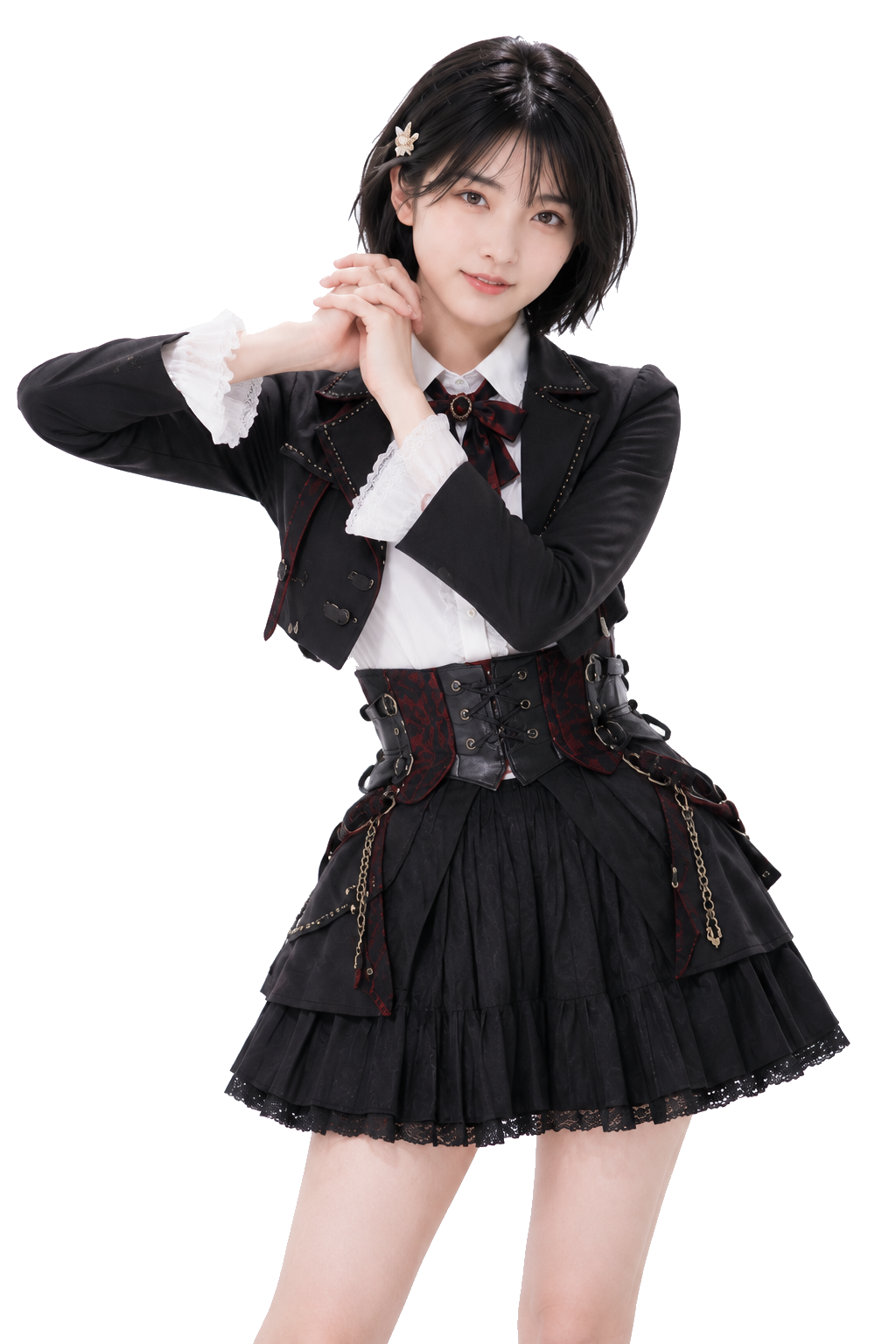 実写の尚美。黒い衣装で両手を顔のそばに重ねている